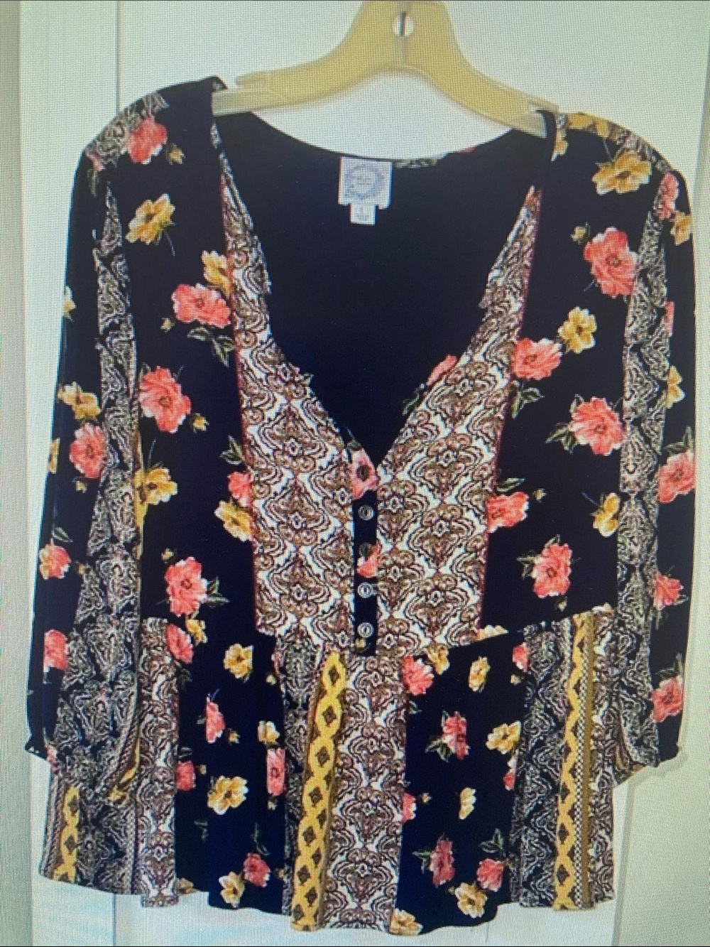 Boho Floral V-Neck Peplum Top - Black with Pink & Yellow Floral